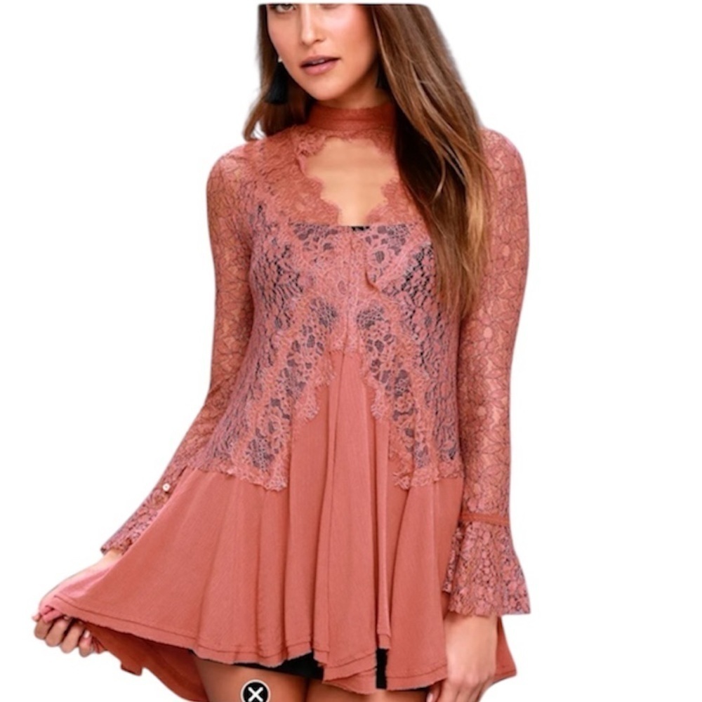 Free People New Tell Tale Rusty Roses at Lace Long Sleeve Tunic Size XS NWT